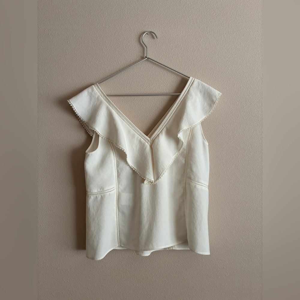 Sezane Cream Ruffle V-Neck Sleeveless Blouse